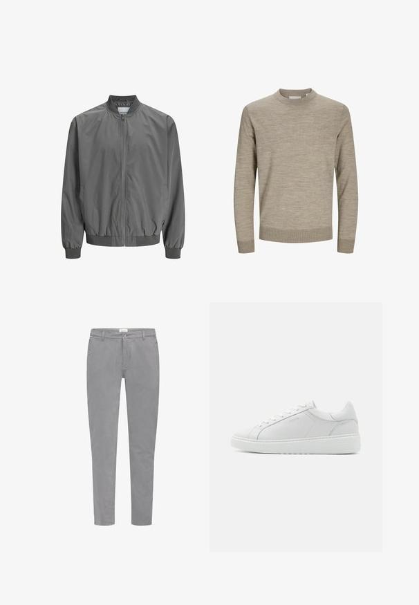 Γκρι bomber jacket φτιαγμένο από λείο, ελαφρύ υλικό με πλήρες φερμουάρ μπροστά, ριμπ μανσέτες και εφαρμοστό ελαστικό μέσο. Απλός σχεδιασμός χωρίς μοτίβα.; Μπεζ πουλόβερ με μακρύ μανίκι και στρογγυλή λαιμόκοψη, με ριμπ μανσέτες και τελείωμα, σε λευκό φόντο.; Γκρι βαμβακερά chino παντελόνια με στενή εφαρμογή, εμπρόσθιες τσέπες, κούμπωμα με κουμπιά και θηλιές για ζώνη. Λείο ύφασμα με ελάχιστες σχεδιαστικές λεπτομέρειες.; Λευκό δερμάτινο αθλητικό παπούτσι με λεία υφή, στρογγυλή μύτη, χαμηλού προφίλ σχεδίαση και διακριτική σήμανση στο πλάι. Μαλακός γιακάς και κορδόνια.