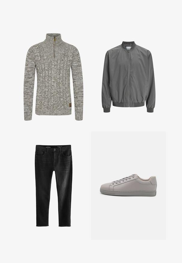 Chaqueta bomber gris hecha de un material ligero y suave, con cierre frontal de cremallera completa, puños acanalados y cintura ajustada. Diseño sencillo sin patrones.; Sudadera de punto trenzado en un tono gris-verde apagado, con un cuello de medio cremallera y un patrón de tejido texturizado. Parche de logo marrón en el dobladillo.; Vaqueros ajustados negros de mezclilla con diseño de cinco bolsillos, sutil desgaste en la tela y cierre de botón estándar en la cintura.; Zapatillas de cuero gris con un acabado suave, cordones planos, punta redondeada y una suela de goma gris a contraste. Diseño minimalista y textura.