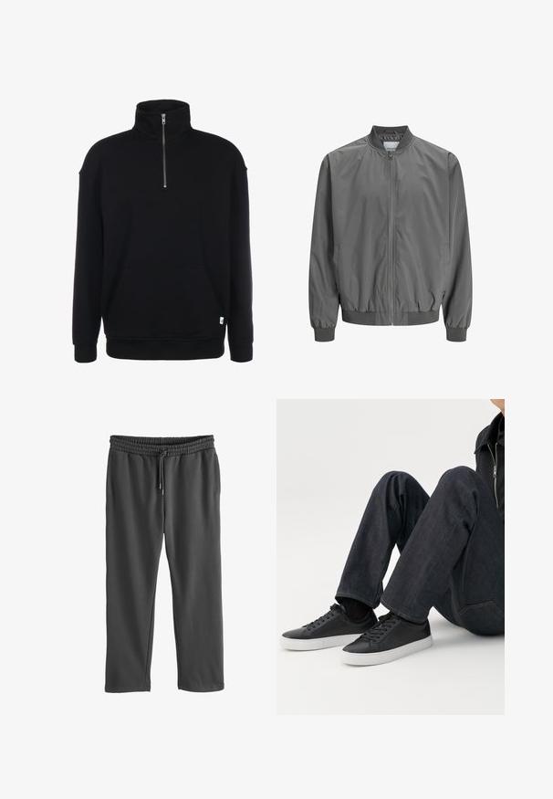 Graue Bomberjacke aus glattem, leichtem Material mit durchgehendem Reißverschluss, gerippten Bündchen und einem taillierten Bund. Einfaches Design ohne Muster.; Schwarzer Sweatshirt mit Zip-Kragen, langen Ärmeln, weicher Textur, einer Fronttasche und einem kleinen grünen Logo am Saum.; Graue Sweatpants mit elastischem Bund und verstellbarem Kordelzug. Aus weichem Material gefertigt, mit seitlichen Taschen und lockerer Passform.; Person sitzt mit angewinkelten Beinen, trägt dunkelblaue Jeans und schwarze Low-Top-Sneaker mit weißen Sohlen auf weißem Hintergrund.