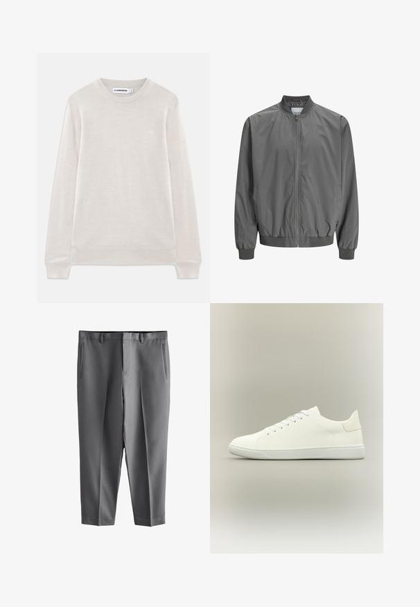 Grå bomberjakke lavet af glat, let materiale med fuld lynlås foran, ribbede manchetter og en tætsiddende talje. Simpelt design uden mønstre.; Lys beige langærmet crewneck sweater med ribbede manchetter og kant, subtilt logo på venstre bryst og J.Lindeberg-label indeni kraven.; Grå skræddersyede bukser med en glat stoftekstur, der har sidelommer, bæltestropper og et forkortet design.; Hvid lavtsiddende sneakers med snørebånd, glat læderoverdel og flad gummisål på en neutral baggrund.