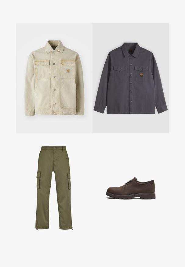 Beige spijkerjack met knoopsluiting, twee borstzakken, subtiele stiksels en een klein logo-patch op de linkerzak.; Donkergrijs overhemd met lange mouwen en knopen, met twee borstzakken, waarvan één met een klein zwart-gouden label.; Olijfgroene cargobroek met een rechte snit, twee zijzakken en ritsdetails bij de broekspijpen. Gemaakt van duurzame stof.; Bruine leren schoenen met een ronde neus en vetersluiting. Voorzien van een gestructureerd oppervlak en een rubberen zool met hoge grip. Subtiel logo aan de zijkant.