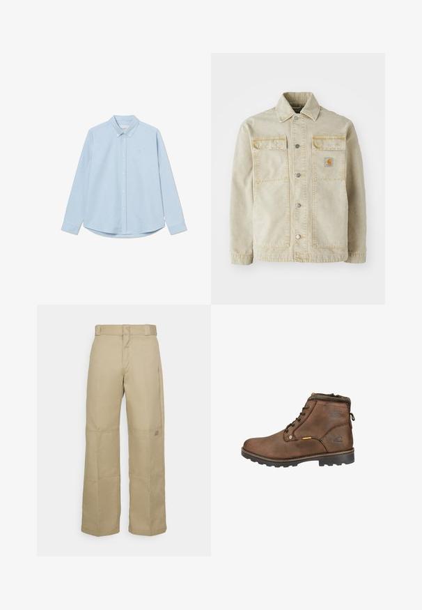 Chaqueta de denim beige con cierre de botones, dos bolsillos en el pecho, costura sutil y un pequeño parche logotipo en el bolsillo izquierdo.; Camisa de botones de manga larga en un tono azul claro, con cuello puntiagudo, un logo en el pecho y dobladillo redondeado. Fabricada con un tejido suave y textura lisa.; Pantalones de pierna ancha color beige, confeccionados con una tela resistente, que presentan una cintura alta, costuras visibles y un pequeño parche con logo en el lateral.; Bota de cuero marrón hasta el tobillo con punta redonda, diseño con cordones, cuello acolchado y suela de goma texturizada. Presenta logotipo y acentos metálicos.