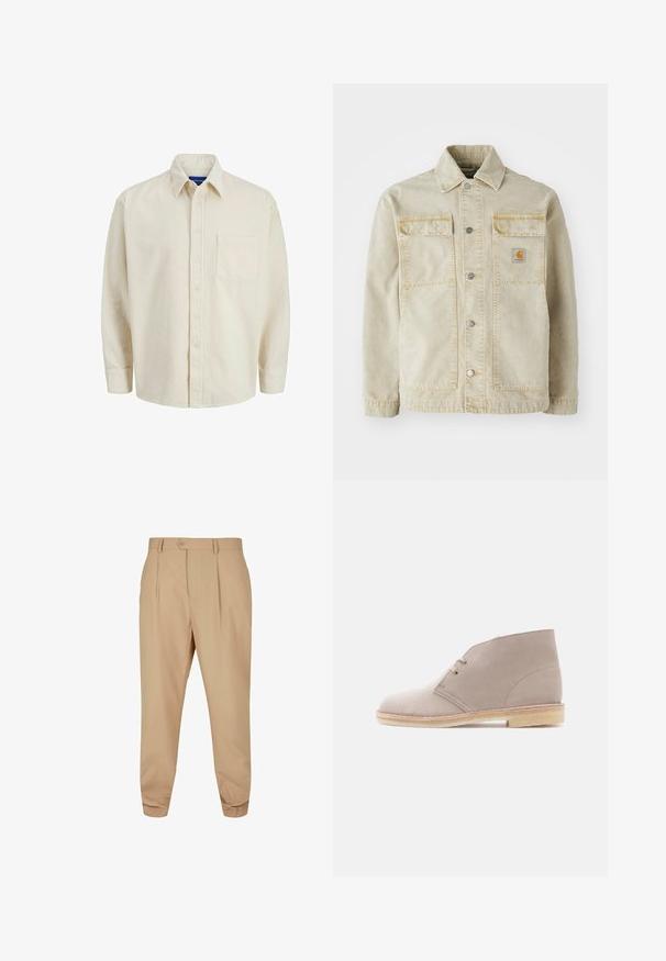 Veste en denim beige avec une fermeture à boutons, deux poches poitrine, des coutures discrètes et un petit patch logo sur la poche gauche.; Chemise en velours côtelé beige avec un col, des manches longues, et une poche poitrine unique. Présente des rayures verticales étroites.; Pantalons beiges ajustés avec des plis, fermeture à bouton, passants de ceinture et jambes fuselées sur fond blanc.; Bottine en cuir suédé beige à deux œillets avec lacets, semelle en crêpe et petit talon empilé, vue de profil sur un fond uni.