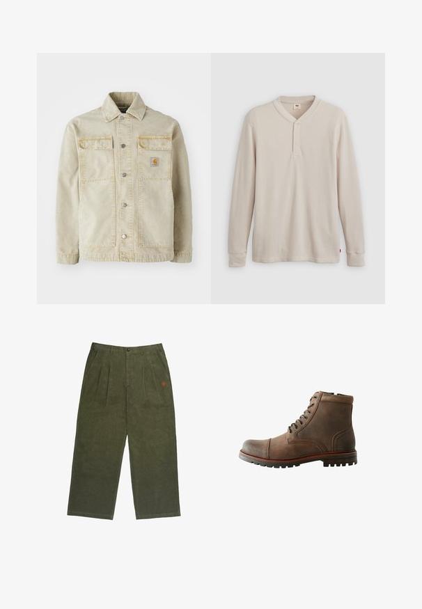 Beige Denimjacke mit Knopfverschluss, zwei Brusttaschen, dezenten Nähten und einem kleinen Logo-Patch auf der linken Tasche.; Langärmliges Henley-Shirt aus leicht beigem Rippstoff mit V-Ausschnitt, Knopfleiste mit drei Knöpfen und angeschnittenen Ärmeln. Roter Logo-Tag am Saum.; Olivgrüne Cordhosen mit lockerem Schnitt, knopfverschluss, vorderen Falten und kleinem, rotem gesticktem Logo.; Braune Lederknöchelstiefel mit abgerundeter Spitze, gepolstertem Kragen, Schnürung mit sechs Ösen und strukturiertem Gummisohle. Genähte Akzente an den Seiten.