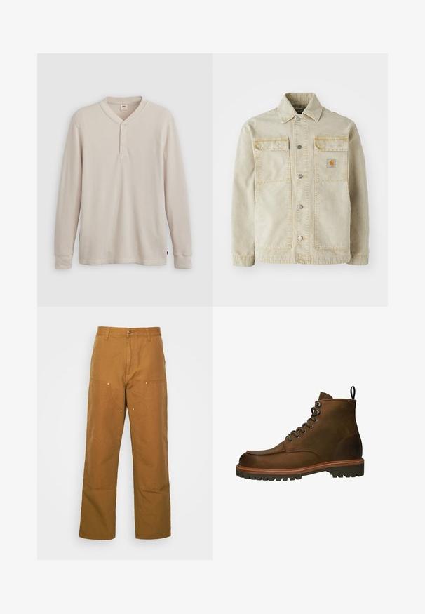 Beige spijkerjack met knoopsluiting, twee borstzakken, subtiele stiksels en een klein logo-patch op de linkerzak.; Lange mouwen henley-shirt in lichtbeige ribbelstof, met een V-hals, een drieknoopsluiting en manchetten. Rode logo-label aan de onderkant.; Bruine katoenen utility broeken met een rechte pijpdesign, voorzien van voorzakken en metalen hardware accenten voor extra duurzaamheid.; Bruine leren enkellaarzen met een ronde neus, metalen oogjes en een robuuste rubberen zool. Inclusief een trekband voor gemakkelijk aan- en uittrekken.