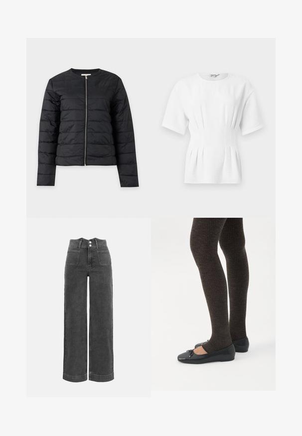 Veste matelassée légère noire à manches longues, col rond et fermeture éclair centrale argentée sur fond uni.; Haut blanc ajusté à manches courtes avec des plis latéraux froncés et un col rond.; Pantalon en denim gris foncé à taille haute, coupe large, avec poches plaquées à l'avant et fermeture à double bouton.; Jambes portant des leggings côtelés foncés associés à des ballerines noires avec de petits détails en nœud sur fond blanc.