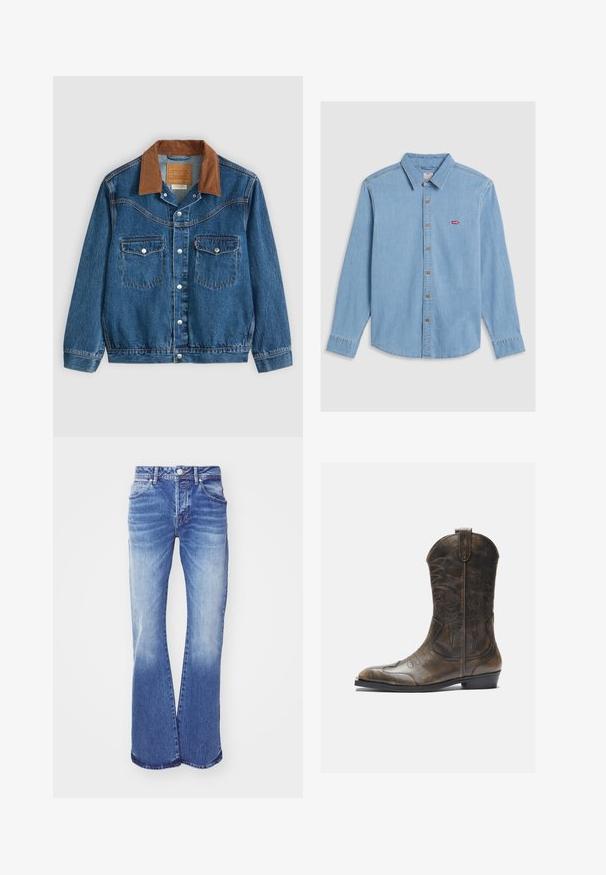 Blauwe spijkerjack met een bruine corduroy kraag, zilveren drukknoopjes aan de voorkant en twee knoopzakken op de borst.; Lichtblauwe denim shirt met lange mouwen, knoopsluiting aan de voorkant en een puntige kraag. Bevat bruine knopen en een kleine rode logopatch.; Lichtblauwe spijkerbroek met flared model en een vervaagde wassing, vijf zakken, knoopsluiting en gestikte details langs de naden. Brede pijpopening.; Bruine leren cowboylaars met een hoge schacht, spitse neus, ingewikkelde stikpatronen en een kleine hak. Gevarieerde afwerking overal.