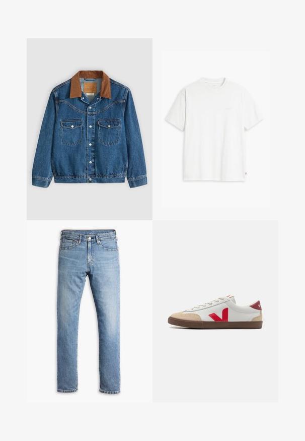 Blå denimjakke med brun fløjlskrage, sølvfarvede trykknapper foran og to brystlommer med knap.; Hvid t-shirt i bomuld med korte ærmer, rund halsudskæring og en diskret "Levi's"-logo trykt i lyse farver på forsiden.; Lyseblå denim jeans med straight-leg design, fem lommer, kontrasterende syninger og en knap- og lynlåslukning i taljen.; Hvide lædersneakers med rød V-logo, beige ruskind toe cap og brun gummisål. Har klassisk snørelukning og polstret krave.