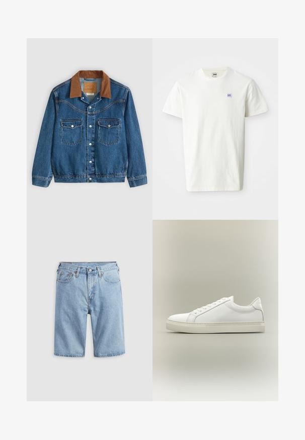 Blauwe spijkerjack met een bruine corduroy kraag, zilveren drukknoopjes aan de voorkant en twee knoopzakken op de borst.; Witte katoenen T-shirt met een ronde hals en korte mouwen. Toont een klein rechthoekig paars en blauw Lee-logo op de linkerborst.; Lichtblauwe spijkershort met voorzakken, riemlussen en knoopsluiting op een effen lichte achtergrond.; Witte lage sneaker met veters aan de voorkant en dikke zool, zijaanzicht tegen een neutrale achtergrond.