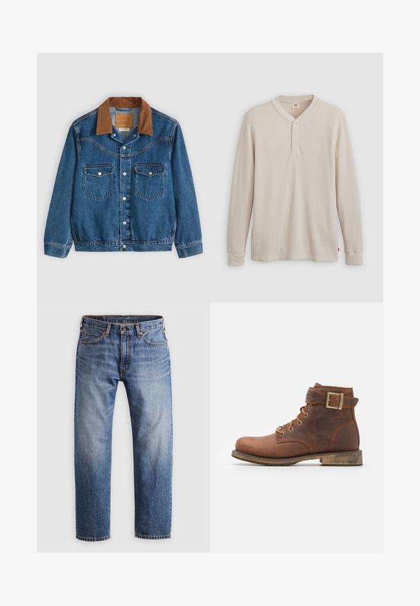 Blauwe spijkerjack met een bruine corduroy kraag, zilveren drukknoopjes aan de voorkant en twee knoopzakken op de borst.; Lange mouwen henley-shirt in lichtbeige ribbelstof, met een V-hals, een drieknoopsluiting en manchetten. Rode logo-label aan de onderkant.; Rechtemodel blauwe denim jeans met een knoop- en ritssluiting, vijf zakken en oranje stiksels op een lichtgrijze achtergrond.; Harley Davidson VNTGMOTO SHORT RIDING APPROVED - Cowboy-/Bikerlaarsjes - brown
