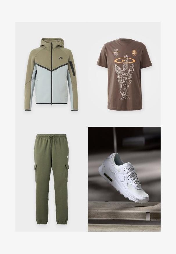 Nike-hoodie met ritssluiting, olijfgroene bovenkant, lichtgrijze onderkant, zwarte bies, ritssluitingzak op de mouw en een aangezette capuchon, vooraanzicht.; Bruine katoenen T-shirt met een witte omtrekafbeelding van een gevleugeld standbeeld, het Nike-logo en abstracte vormen in oranje, met korte mouwen en een ronde hals.; Olijfgroene cargobroek met elastische tailleband, trekkoordsluiting, zijzakken en een logo op de dij. Gladde katoenmix stof.; Witte Nike Air Max 90 sneaker met een bovenwerk van mesh en leer, een geperforeerde teenbox en een zichtbare luchtunit in de hiel.