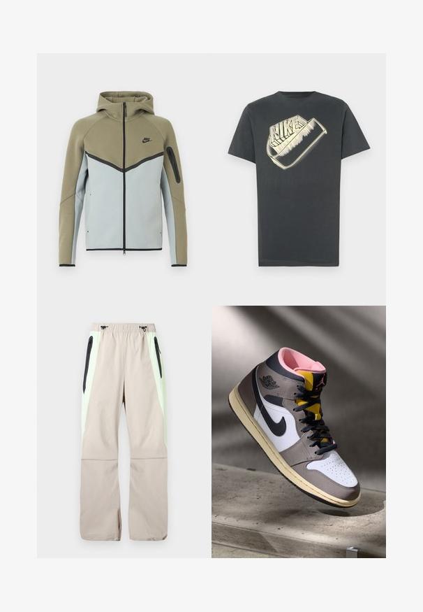 Sweat à capuche Nike zippé avec partie supérieure vert olive, partie inférieure gris clair, bordure noire, poche zippée sur la manche, et capuche attachée, présenté de face.; T-shirt gris foncé en coton avec un col rond. Dispose d'un grand logo "Nike" stylisé de couleur plus claire à l'avant.; Pantalon beige avec panneaux latéraux vert clair, poches cuisses zippées noires et taille élastique avec cordons noirs.; Sneaker Nike Air Jordan montante en blanc, gris et noir avec un intérieur rose et une languette jaune, posé sur une surface en béton.