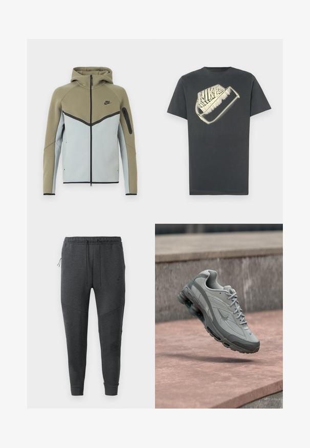 Mikina Nike na zips s olivovo zeleným horným dielom, svetlosivým dolným dielom, čiernym lemovaním, vreckom na zips na rukáve a pripevnenou kapucňou, zobrazená spredu.; Tmavosivé bavlnené tričko s okrúhlym výstrihom. Na prednej strane je veľké, štýlovo upravené logo "Nike" v svetlejšej farbe.; Tmavošedé jogger nohavice Nike s pásom na šnúrku, zipsovou bočnou vreckom, zúženými nohavicami a rebrovanými manžetami na bielom pozadí.; Sivá a biela teniska Nike zavesená nad kamenným schodom s viditeľným vzduchovým odpružením a textúrovanou podrážkou.