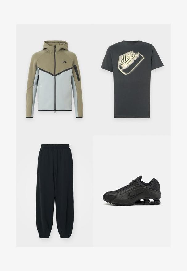 Nike hættetrøje med lynlås, olivengrøn øverste del, lysegrå nederste del, sort kant, lynlåslomme på ærmet og fasthætte hætte, vist forfra.; Mørkegrå T-shirt lavet af bomuld med rund halsudskæring. Har en stor, stiliseret "Nike"-logo i en lysere farve på forsiden.; Sorte svedbukser med elastisk talje, løs pasform, afsluttede ankler, glat tekstur og uden synlige mønstre eller hardware-detaljer.; Sorte løbesko med en glat syntetisk overdel, perforerede detaljer, teksturerede sidedele og en distinkt fjedrende sål.