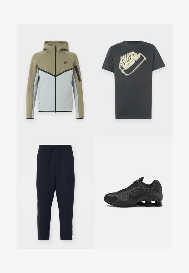 Mikina Nike na zips s olivovo zeleným horným dielom, svetlosivým dolným dielom, čiernym lemovaním, vreckom na zips na rukáve a pripevnenou kapucňou, zobrazená spredu.; Tmavosivé bavlnené tričko s okrúhlym výstrihom. Na prednej strane je veľké, štýlovo upravené logo "Nike" v svetlejšej farbe.; Námořnické jogger nohavice vyrobené z jemného materiálu, s elastickým pasem na šnúrku, zúženými nohavicami a bočnými kapsami.; Čierne bežecké topánky s hladkým syntetickým zvrškom, perforovanými akcentmi, textúrovanými bočnými panelmi a výraznou pružnou podrážkou.