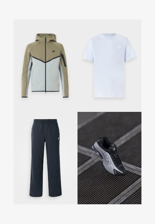 Nike hættetrøje med lynlås, olivengrøn øverste del, lysegrå nederste del, sort kant, lynlåslomme på ærmet og fasthætte hætte, vist forfra.; Lyseblå bomulds t-shirt med korte ærmer, rund hals og et hvidt Nike-logo trykt på venstre bryst. Glat tekstur, simpelt design.; Mørkeblå sweatpants med elastisk talje og snoretræk. Lavet af blødt stof og med et lille hvidt logo på venstre hofte.; Nike atletiksko med et sort og sølv design. Lavet af syntetisk materiale med mesh-detaljer og en støttende sål med synlig luftstødabsorbering.