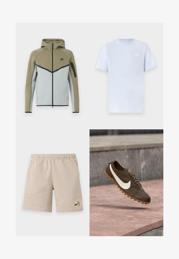 Φούτερ με φερμουάρ της Nike, με ελιά πράσινο στο πάνω μέρος, ανοιχτό γκρι στο κάτω, μαύρες λεπτομέρειες, τσέπη με φερμουάρ στο μανίκι και ραμμένο κουκούλα, παρουσιασμένο από μπροστά.; Ανοιχτό μπλε βαμβακερό μπλουζάκι με κοντά μανίκια, στρογγυλή λαιμόκοψη και λευκό λογότυπο Nike εκτυπωμένο στο αριστερό στήθος. Λείο υλικό, απλός σχεδιασμός.; Μπεζ βαμβακερό σορτς με ελαστική μέση, πλαϊνές τσέπες και μικρό μαύρο λογότυπο Nike Swoosh σε πράσινη και κίτρινη υδρόγειο κοντά στο τελείωμα.; Καφέ αθλητικό παπούτσι Nike με λευκό λογότυπο Swoosh και σόλα από καουτσούκ αιωρείται πάνω από ροζ πέτρινη επιφάνεια με γκρι πέτρινο φόντο.