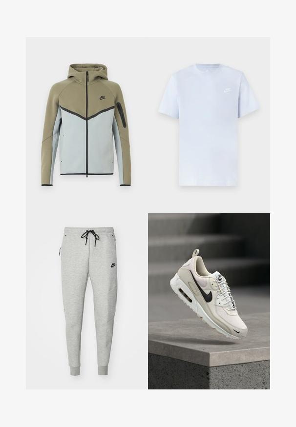 Nike-Kapuzenjacke mit Reißverschluss, olivgrün im oberen Bereich, hellgrau unten, schwarze Einfassung, Reißverschlusstasche am Ärmel und angenähter Kapuze, von vorne gezeigt.; Hellblaue Baumwoll-T-Shirt mit kurzen Ärmeln, Rundhalsausschnitt und einem weißen Nike-Logo, das auf der linken Brust gedruckt ist. Glatte Textur, schlichtes Design.; Graue Sweatpants mit glatter Textur, elastischem Bund, verstellbarem schwarzem Kordelzug, zwei seitlichen Taschen und einem kleinen schwarzen Logo.; Beige-weißer Nike Air Max Sneaker mit schwarzem Swoosh-Logo, weißen Schnürsenkeln und sichtbarer Air-Dämpfungssohle, liegend auf einem Betonblock.