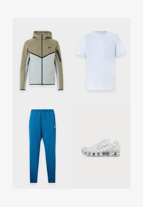 Sudadera Nike con cremallera, parte superior en verde oliva, parte inferior en gris claro, ribetes negros, bolsillo con cremallera en la manga y capucha adjunta, mostrada de frente.; Camiseta de algodón de color azul claro con mangas cortas, cuello redondo y un logo blanco de Nike impreso en el pecho izquierdo. Textura suave, diseño sencillo.; Pantalones deportivos azul con cintura elástica y cordón ajustable. Presenta un logo blanco en el muslo y puños ajustados en los tobillos.; Zapatilla de running blanca Nike con suela visible con amortiguación de aire y logo swoosh plateado en el lateral, mostrada desde el lado exterior.