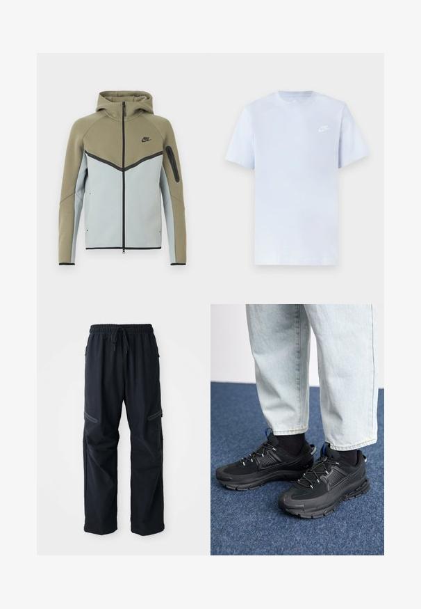 Nike-hoodie met ritssluiting, olijfgroene bovenkant, lichtgrijze onderkant, zwarte bies, ritssluitingzak op de mouw en een aangezette capuchon, vooraanzicht.; Lichtblauwe katoenen t-shirt met korte mouwen, ronde hals en een wit Nike-logo gedrukt op de linkerborst. Glad textuur, eenvoudig ontwerp.; Zwarte casual broek met elastische tailleband, trekkoord en ritszakken op een witte achtergrond.; Zwarte sportschoenen met gestructureerde stof en rubberen zolen, met elastische veters en een blauwe accent op de hiel. Draag samen met lichte spijkerbroeken.