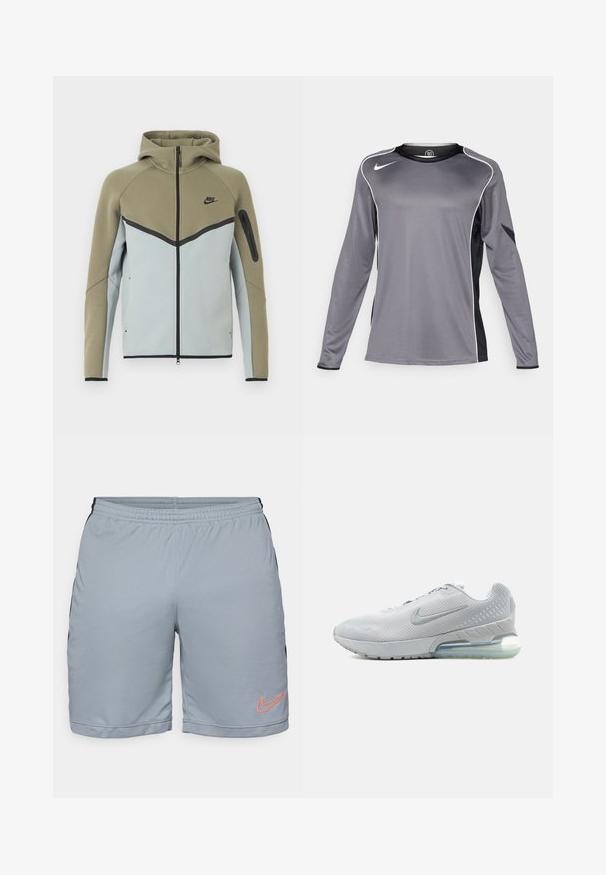 Sweat à capuche Nike zippé avec partie supérieure vert olive, partie inférieure gris clair, bordure noire, poche zippée sur la manche, et capuche attachée, présenté de face.; T-shirt de sport à manches longues en gris avec des accents noirs. Fabriqué en tissu lisse et léger. Présente un passepoil blanc le long des épaules.; Shorts de sport gris clair avec des panneaux latéraux noirs, une taille élastique et un ourlet en maille texturée. Présente un logo Nike orange sur la jambe gauche.; Chaussure de course Nike gris clair avec tige en mesh, coussin d'air visible dans la semelle et logo Nike swoosh argenté sur le côté.