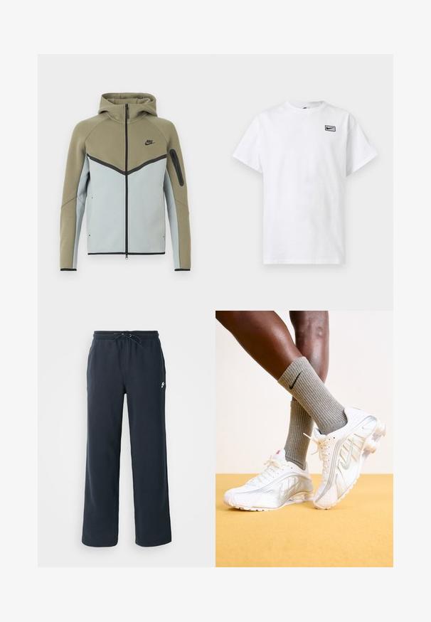 Tõmblukuga Nike dressipluus oliivirohelise ülaosaga, helehall alaosaga, musta äärega, varrukal tõmblukuga tasku ja külge kinnitatud kapuutsiga, esikülje suunas eksponeeritud.; Valge lühikeste varrukatega ümara kaelusega T-särk, millel vasakul rinnal väikese musta Nike swoosh logoga ristkülik.; Tumedast meresinised dressipüksid elastse vöökoha ja nööriga. Valmistatud pehmest kangast, vasakul puusal väike valge logo.; Nike tenisijad valgetes toonides, hõbedaste aktsentidega, tekstureeritud paneelide ja perforatsioonidega. Koos hallide ribadega sokkidega, kollasel taustal.