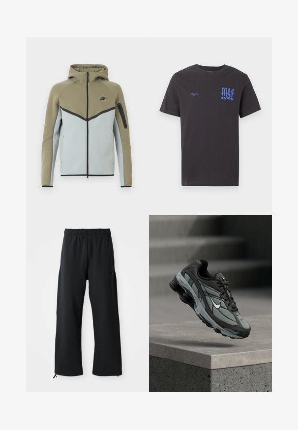 Nike-Kapuzenjacke mit Reißverschluss, olivgrün im oberen Bereich, hellgrau unten, schwarze Einfassung, Reißverschlusstasche am Ärmel und angenähter Kapuze, von vorne gezeigt.; Schwarzes kurzärmeliges T-Shirt mit Rundhalsausschnitt und blauem "NIKE"-Schriftzug in gotischer Schrift auf der Brust sowie kleinerem "NIKE AIR INCORPORATED 1972" Schriftzug auf der linken Seite.; Schwarze weit geschnittene Hose aus weichem Stoff, mit elastischem Bund und Kordelzug, seitlichen Taschen und glatter Textur.; Grauer und schwarzer Sportschuh mit Netzpaneelen und dicker Sohle, schwebend in der Luft über einer Betonmauer mit Treppen im Hintergrund.