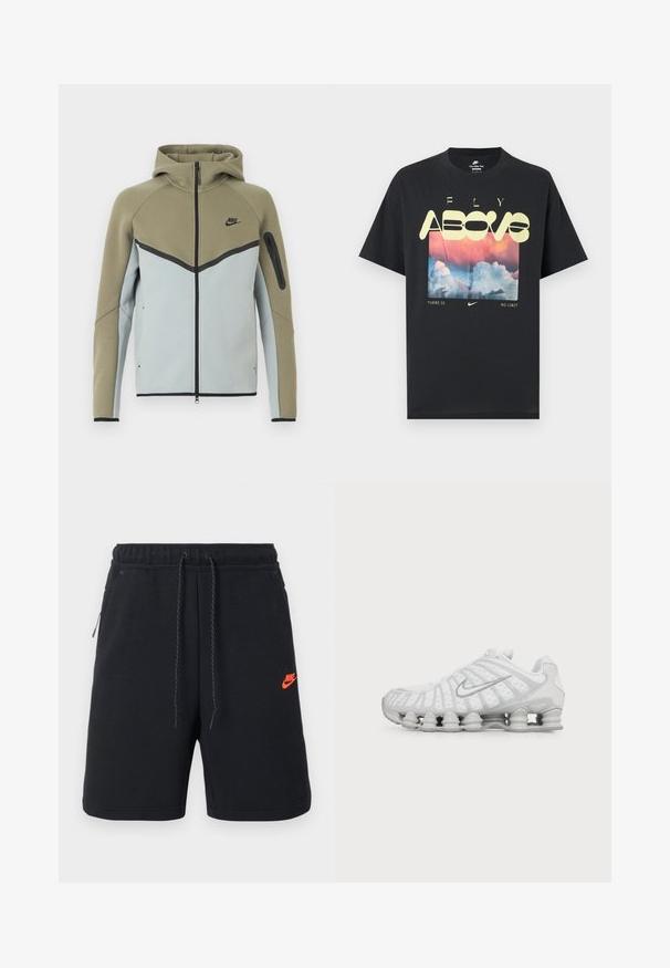 Sweat à capuche Nike zippé avec partie supérieure vert olive, partie inférieure gris clair, bordure noire, poche zippée sur la manche, et capuche attachée, présenté de face.; T-shirt noir en coton avec un graphisme représentant des nuages, un ciel rose et bleu, et un texte jaune vif indiquant "FLY ABOVE" et "THERE IS NO LIMIT."; Shorts noirs Nike avec ceinture élastique, cordon de serrage, poches latérales et petit logo Nike orange sur la cuisse gauche.; Chaussure de running blanche Nike avec semelle à coussin d’air visible et logo swoosh argenté sur le côté, vue de l'extérieur.