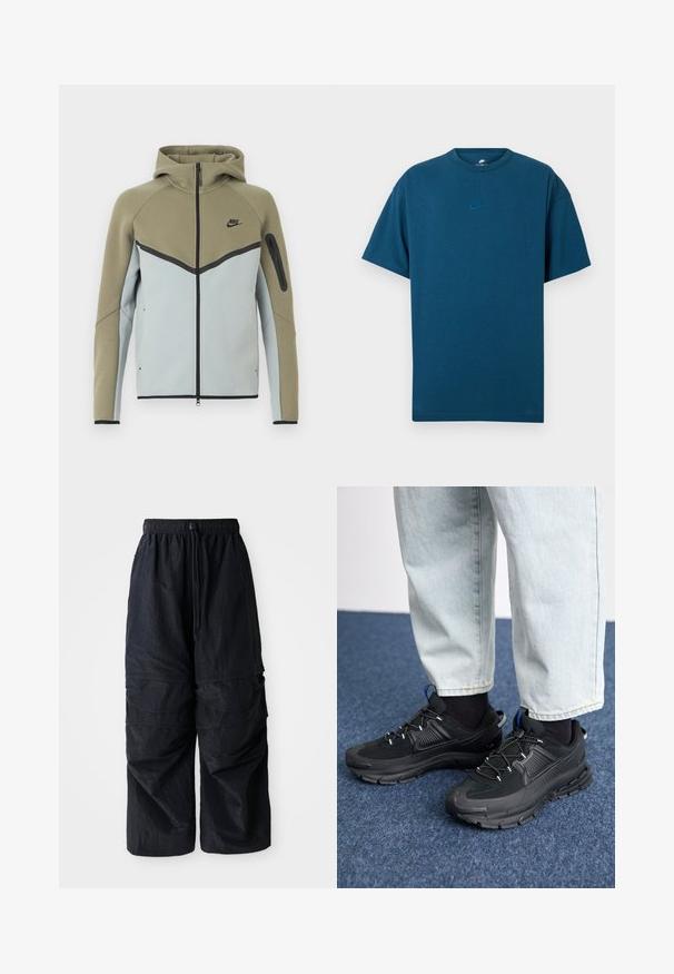 Sudadera Nike con cremallera, parte superior en verde oliva, parte inferior en gris claro, ribetes negros, bolsillo con cremallera en la manga y capucha adjunta, mostrada de frente.; Camiseta de algodón azul con mangas cortas, cuello redondo y un pequeño logo de Nike en azul claro en el pecho. Textura suave, corte relajado.; Pantalones cargo negros de nylon ligero con cinturilla elástica, cordón ajustable y múltiples bolsillos en capas en las piernas.; Zapatillas deportivas negras con tejido texturizado y suelas de goma, con cordones elásticos y un acento azul en el talón. Combinadas con pantalones de mezclilla claros.