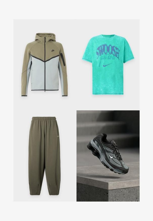 Nike hættetrøje med lynlås, olivengrøn øverste del, lysegrå nederste del, sort kant, lynlåslomme på ærmet og fasthætte hætte, vist forfra.; Mintgrøn oversized T-shirt med en falmet tekstur. Har et iøjnefaldende lilla "SWOOSH" grafik med teksten "just do it" og Nike-logo.; Grågrønne sweatpants med elastisk talje og manchetter. Har minimal branding i matchende tråd på siden. Blød tekstur.; Grå og sort atletiksko med meshpaneler og tyk sål, placeret i luften over en betonliste med trapper i baggrunden.