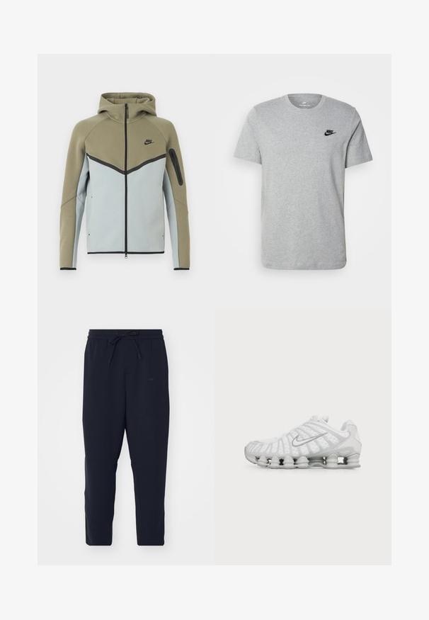 Nike hættetrøje med lynlås, olivengrøn øverste del, lysegrå nederste del, sort kant, lynlåslomme på ærmet og fasthætte hætte, vist forfra.; Grå kortærmet T-shirt i bomuld med et sort Nike-logo på brystet og rund halsudskæring. Minimalistisk design uden mønstre.; Mørkeblå joggerbukser lavet af blødt stof, med elastisk talje og snor, tapered ben og sidelommer.; Hvid Nike sneaker med karakteristisk bølget design og fjederlignende polstring under sålen, set fra siden på en ensfarvet baggrund.
