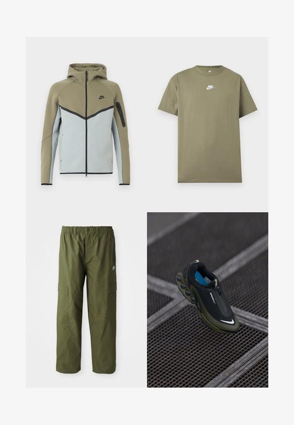Nike hættetrøje med lynlås, olivengrøn øverste del, lysegrå nederste del, sort kant, lynlåslomme på ærmet og fasthætte hætte, vist forfra.; Olivengrøn kortærmet Nike T-shirt med rund hals og hvidt logo på brystet på en ensfarvet lys grå baggrund.; Nike cargo bukser i mørke olivengrønne, med elastisk talje, to sidelommer og et glat, let stof.; Sort og oliven Nike Air Max sko med en glat overflade, lynlåslukning og karakteristiske luftdæmpningspuder i sålen. Blå indersål synlig.