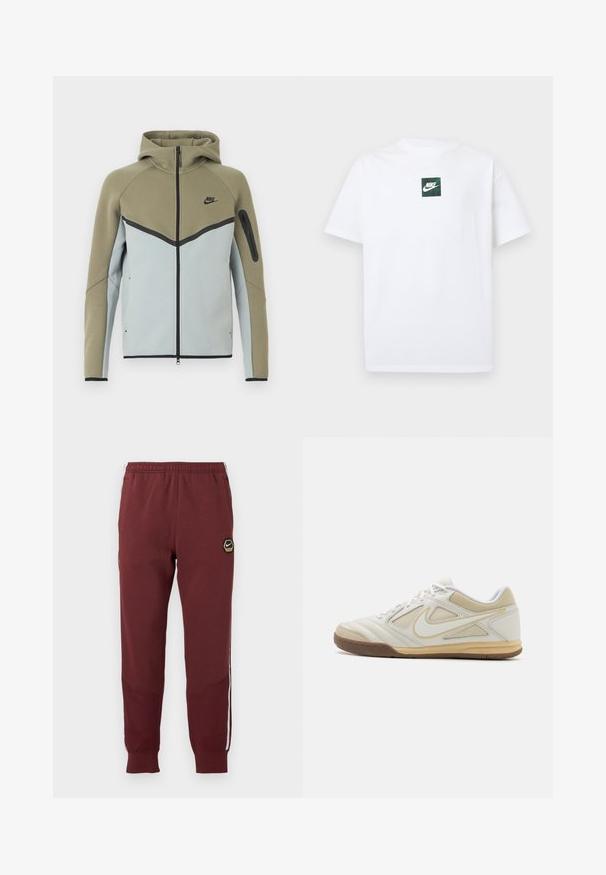 Nike hættetrøje med lynlås, olivengrøn øverste del, lysegrå nederste del, sort kant, lynlåslomme på ærmet og fasthætte hætte, vist forfra.; Hvid Nike T-shirt med korte ærmer og et lille grønt firkantet logo med Nike swoosh og tekst centreret på brystet.; Mørkerøde sweatpants med et sekskantet Nike-logo, elastisk talje, to sidelommer og hvide sidelommer. Tekstureret stof med tapered ben-design.; Hvid atletisk sko med en struktureret overdel, grå accenter, snørebånd og en tan gummisål. Har et karakteristisk logo på siden.