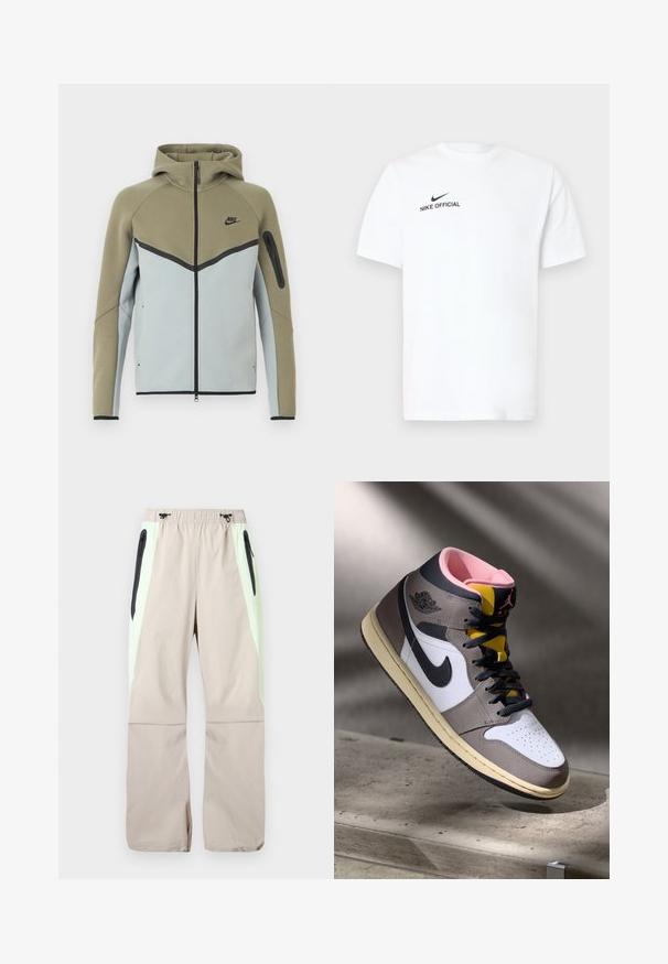 Sudadera Nike con cremallera, parte superior en verde oliva, parte inferior en gris claro, ribetes negros, bolsillo con cremallera en la manga y capucha adjunta, mostrada de frente.; Camiseta blanca de algodón con mangas cortas. Presenta un logo negro de "Nike Official" y una marca de verificación (swoosh) negra en el lado izquierdo del pecho.; Pantalones beige con paneles laterales verde claro, bolsillos en el muslo con cremallera negra y cintura elástica con cordones negros.; Zapatilla alta Nike Air Jordan en blanco, gris y negro, con interior rosa y lengüeta amarilla, colocada sobre una superficie de concreto.