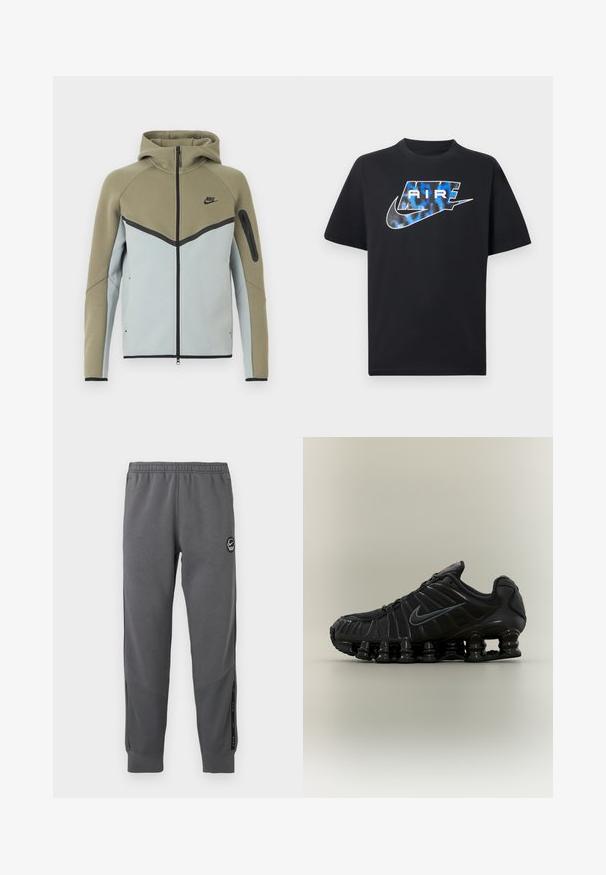 Sudadera Nike con cremallera, parte superior en verde oliva, parte inferior en gris claro, ribetes negros, bolsillo con cremallera en la manga y capucha adjunta, mostrada de frente.; Camiseta negra de manga corta con texto estilizado "AIR" en azul y blanco y el logotipo de la marca Nike en el pecho.; Pantalones de chándal grises hechos de una tela suave con una cintura elástica, piernas ajustadas, paneles laterales y un parche de logo circular.; Zapatilla de correr negra Nike con suela segmentada similar a un muelle, parte superior de malla y logotipo swoosh negro a juego en el lateral.