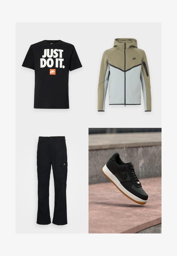 Φούτερ με φερμουάρ της Nike, με ελιά πράσινο στο πάνω μέρος, ανοιχτό γκρι στο κάτω, μαύρες λεπτομέρειες, τσέπη με φερμουάρ στο μανίκι και ραμμένο κουκούλα, παρουσιασμένο από μπροστά.; Μαύρο βαμβακερό T-shirt με κοντά μανίκια. Διαθέτει μεγάλη λευκή επιγραφή "JUST DO IT." πάνω από ένα μικρό πορτοκαλί λογότυπο της Nike. Τυπικός σχεδιασμός με στρογγυλή λαιμόκοψη.; Μαύρο cargo παντελόνι με ίσια γραμμή, φτιαγμένο από ανθεκτικό ύφασμα, διαθέτει πλαϊνές τσέπες και λογότυπο μπατζάκι στην αριστερή πλευρά.; Μαύρο αθλητικό παπούτσι τύπου low-top με λευκή μεσαία σόλα, καφέ εξωτερική σόλα και λογότυπο Nike Swoosh, που αιωρείται πάνω από μια ροζ επιφάνεια από σκυρόδεμα με φόντο έναν τοίχο από πέτρα.