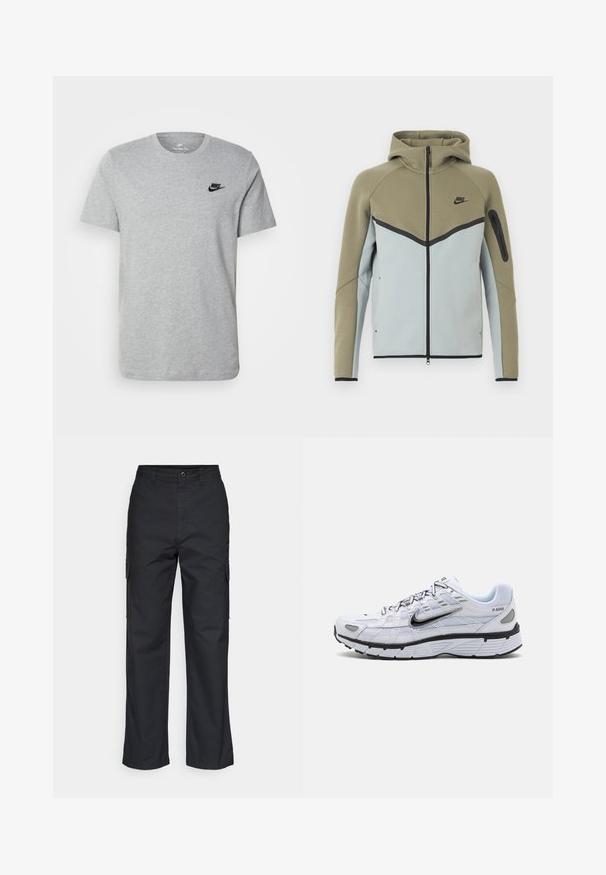 Nike hættetrøje med lynlås, olivengrøn øverste del, lysegrå nederste del, sort kant, lynlåslomme på ærmet og fasthætte hætte, vist forfra.; Grå kortærmet T-shirt i bomuld med et sort Nike-logo på brystet og rund halsudskæring. Minimalistisk design uden mønstre.; Sorte cargo bukser med lige ben i designet, der har sidelommer og et tekstureret stof. Knaplukning i taljen for en sikker pasform.; Hvide løbesko med mesh-overdel, rund tå, sorte accenter og mønstret sål. Har snøring og branding på siden.