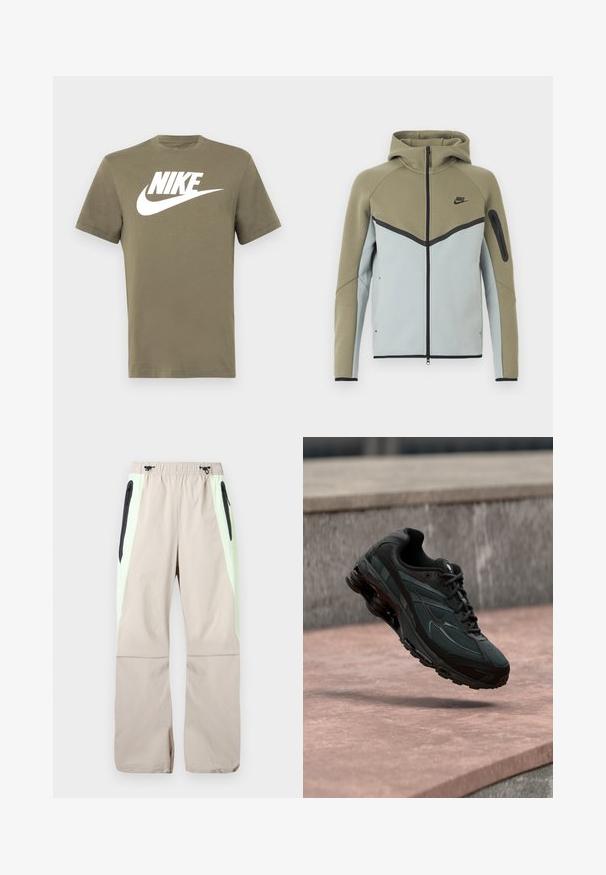 Sudadera Nike con cremallera, parte superior en verde oliva, parte inferior en gris claro, ribetes negros, bolsillo con cremallera en la manga y capucha adjunta, mostrada de frente.; Camiseta de manga corta verde oliva hecha de algodón, con un logo de Nike blanco y el característico swoosh impreso en el frente. Diseño simple con cuello redondo.; Pantalones beige con paneles laterales verde claro, bolsillos en el muslo con cremallera negra y cintura elástica con cordones negros.; Zapatilla deportiva negra con entresuela visible con amortiguación de aire que flota sobre una superficie de piedra rosa con un fondo de pared de piedra gris.