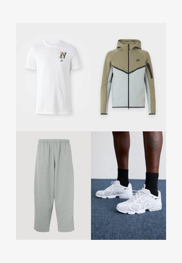 Nike hættetrøje med lynlås, olivengrøn øverste del, lysegrå nederste del, sort kant, lynlåslomme på ærmet og fasthætte hætte, vist forfra.; Hvid bomulds t-shirt med et camouflagestruktur mønsteret "N" logo og et lille lilla Nike swoosh på brystet. Klassisk crew neck design.; Lysegrå joggingbukser med elastisk taljebånd, konisk ben-design og blød tekstur. Ingen synligt mærke eller mønstre.; Hvide atletik-sko med mesh-overdel, teksturerede accenter og polstret sål. Parret med sorte ribbede ankelstrømper på en blå tæppebelagt overflade.
