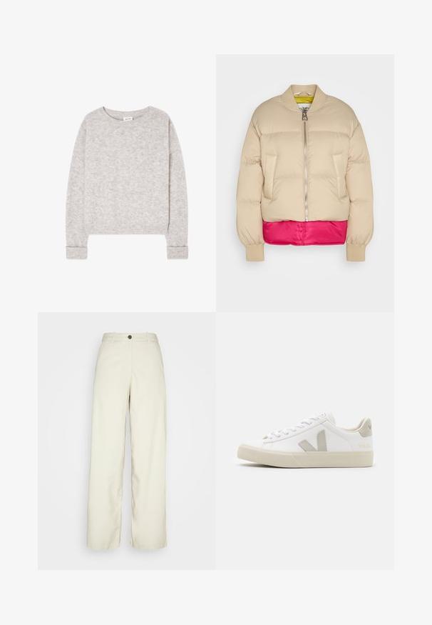 Marc O'Polo CHEVIGNON X MOP JACKET - Gewatteerde jas - jonesboro cream; Lichtgrijze gebreide trui met lange mouwen, ronde hals en geribbelde boorden en zoom, plat liggend op een witte achtergrond.; Weekday ELIO - Broek - beige dusty light; Witte sneakers van leer met grijze V-logo accenten, een gestructureerde rubberen zool, witte veters en een gevoerde tong en kraag.