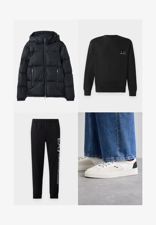 Sort puffjakke med lynlås foran, justerbar hætte, to lynlåslommer på siden og et struktureret, quiltet design. Har logo-patch.; Sort langærmet crewneck sweatshirt med lille beige Armani Exchange-logo på venstre bryst.; Sorte sweatpants lavet af en bomuldsblanding, med elastisk talje, smalle ben, ribbede manchetter og hvidt logo print langs siden.; Hvide og sorte sneakers med en glat læderoverdel, teksturerede detaljer og en kraftig hvid sål. Har et klassisk snørebåndsdesign.