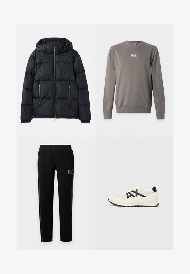 Sort puffjakke med lynlås foran, justerbar hætte, to lynlåslommer på siden og et struktureret, quiltet design. Har logo-patch.; Langærmet grå crewneck-sweatshirt med EA7 Emporio Armani-logo i hvid på brystet, ribstrikkede manchetter og kant.; Sorte joggingbukser har et tapered design, elastisk talje med snor og gyldne accentstriber langs siderne og logoet.; Hvid atletisk sko med sorte accenter, der har en mesh-overdel, rund tå og tekstureret sål for bedre greb. Stort "AX" logo på siden.