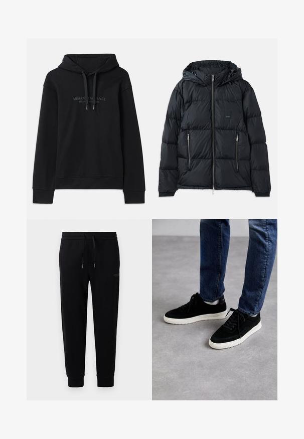 Schwarze Bomberjacke mit Reißverschluss vorne, verstellbarem Kapuzen, zwei seitlichen Reißverschlusstaschen und einem strukturierten, gesteppten Design. Mit Logo-Patch.; Schwarzer Hoodie aus weichem Material, mit einer verstellbaren Kapuze und gerippten Bündchen. Gesticktes Logo in dunklen Tönen auf der Vorderseite.; Schwarze Jogginghosen aus Baumwollmischung, mit einem elastischen Bund und Kordelzug, Bündchen an den Knöcheln und einem dezenten Logo-Druck an der Seite.; Schwarze Wildledersneaker mit einer weißen Gummisohle, die ein klassisches Low-Top-Design, eine abgerundete Spitze und flache schwarze Schnürsenkel aufweisen.