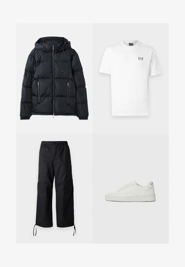 Doudoune noire avec fermeture éclair sur le devant, capuche ajustable, deux poches latérales zippées, et un design texturé et matelassé. Présente un patch logo.; T-shirt en coton blanc avec un col rond, des manches courtes et un logo noir EA7 sur la poitrine gauche. Texture lisse et unie.; Pantalons cargo noirs en tissu léger, dotés de jambes larges, d'une taille élastique et de cordons de serrage ajustables aux poignets. Deux poches latérales.; Baskets en cuir blanc avec une finition lisse, bout arrondi, lacets plats et semelle texturée. Présente un logo discret sur le talon.