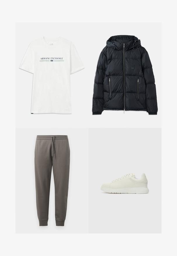 Chaqueta acolchada negra con cierre delantero, capucha ajustable, dos bolsillos laterales con cremallera y un diseño texturizado acolchado. Presenta un parche de logo.; Camiseta de algodón blanca de manga corta, con un logo en azul y verde de "ARMANI EXCHANGE" y "1991" centrado debajo.; Pantalones de chándal grises con cintura elástica y cordón, piernas ajustadas y puños acanalados. Textura suave, con un sutil detalle de logo.; Zapatilla blanca de cuero con parte superior texturizada, punta redondeada, suela blanca plana y cordones tonales. Marca sutil en la lengüeta.