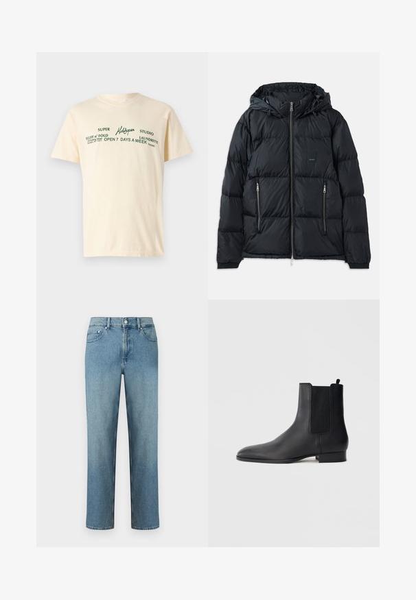 Sort puffjakke med lynlås foran, justerbar hætte, to lynlåslommer på siden og et struktureret, quiltet design. Har logo-patch.; Cremefarvet bomulds t-shirt med korte ærmer og grøn tekst, der står "KidSuper," "Super Fluff n' Fold," samt vaskeanvisninger.; Lyseblå denimjeans med lige snit, fem-lomme design og knaplukning ved taljen. Sømme med syningsdetaljer.; Sort læder Chelsea-støvle med elastiske sidepaneler og lav stakket hæl, vist i profil på en enkel lys baggrund.