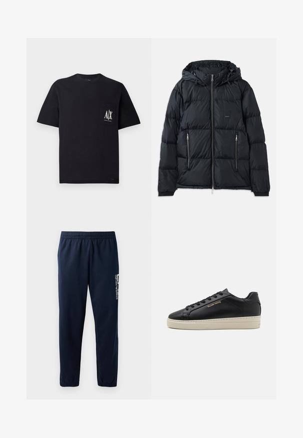 Doudoune noire avec fermeture éclair sur le devant, capuche ajustable, deux poches latérales zippées, et un design texturé et matelassé. Présente un patch logo.; T-shirt en coton noir avec col rond et manches courtes. Présente une poche poitrine avec le logo blanc "A/X". Texture lisse, coupe décontractée.; Pantalons de survêtement bleu marine avec une taille élastique, des jambes fuselées et un logo blanc sur le côté. Tissu lisse avec une texture légère.; Sneaker en cuir noir avec une finition lisse, semelle crème contrastante, bout arrondi, logo doré sur le côté et six œillets pour les lacets.