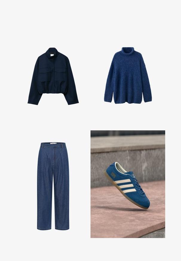 Marineblå cropped jakke med høj krave, to store frontlommer med klap, lange ærmer og elastisk kant.; Blå tekstureret striktrøje med lange ærmer og en ribbet høj krave, designet til varme og komfort.; Blå denimbukser med høj talje og vide ben, forrest med læg, bæltestropper og skjult lynlåslukning.; Blå ruskindsneaker med cremefarvede striber og snørebånd, sål af gummiridse, tekstureret overflade, rundet tå og mærkning på siden.