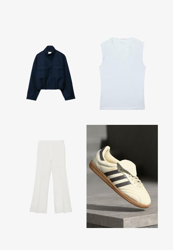 Marineblå cropped jakke med høj krave, to store frontlommer med klap, lange ærmer og elastisk kant.; Ærmeløs hvid bomulds tanktop med rund halsudskæring og et enkelt, ensfarvet design.; Hvide flagrende bukser med en glat tekstur og rene linjer, udstyret med en mellemhøj talje og uden synligt hardware eller mønstre.; Cremefarvede lædersneakers med tre mørke striber, en brun gummisål og en afrundet tå. Har en foldbar tunge mærket "SAMBA."