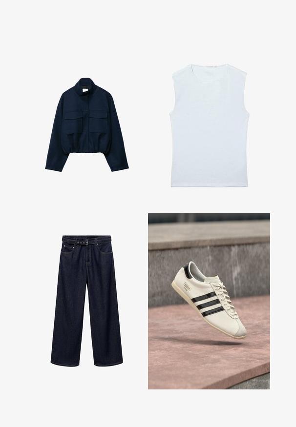 Marineblå cropped jakke med høj krave, to store frontlommer med klap, lange ærmer og elastisk kant.; Ærmeløs hvid bomulds tanktop med rund halsudskæring og et enkelt, ensfarvet design.; Mørkeblå brede jeans lavet af denim. Har et bælte i taljen med flere knapper, forlommer og en ren afslutning ved sømmene.; Hvid Adidas-sneaker med sorte striber og beige sål, svævende over en lyserød betonoverflade og grå stensbaggrund.